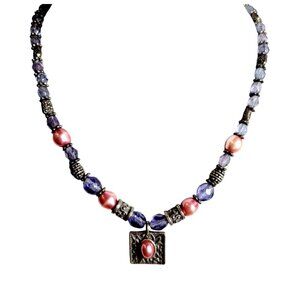 Vintage Handmade Beaded Necklace Lavender & Pink Lobster Claw Closure 15"